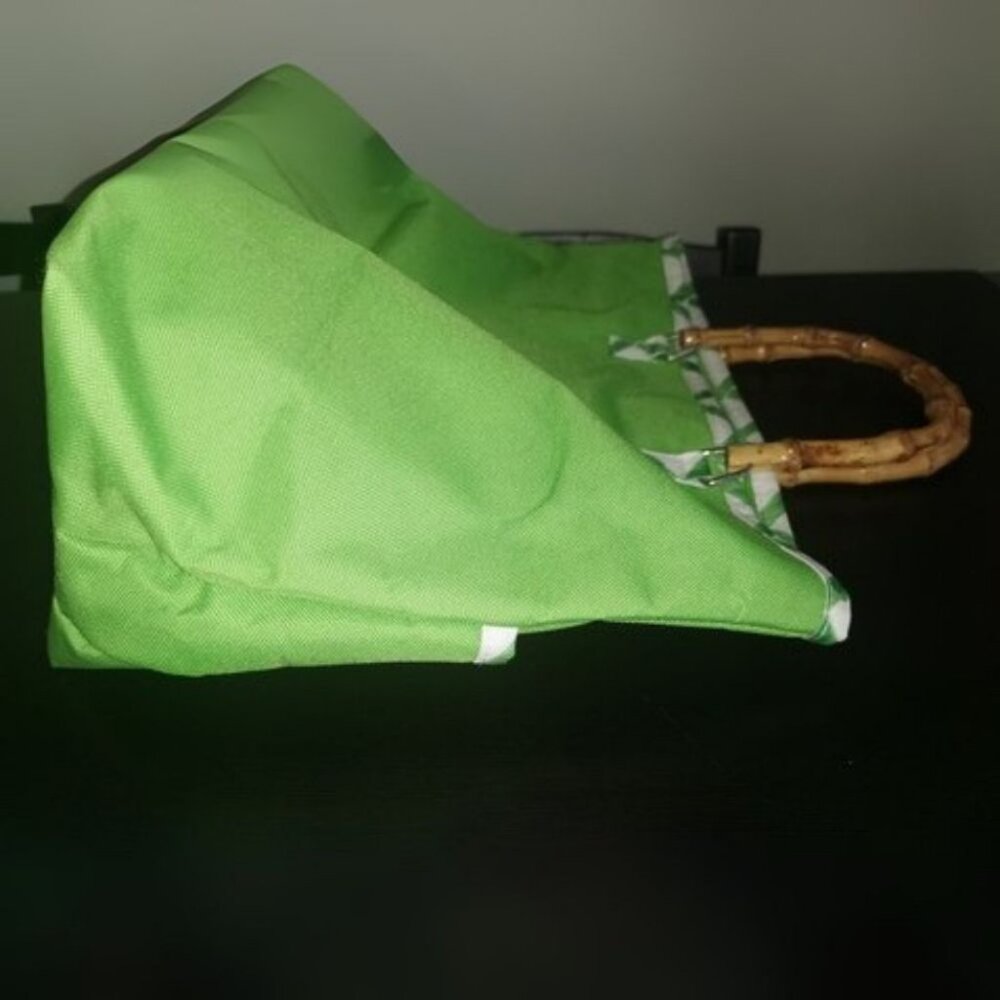 Clinique Tote Bag Green White Handbag Wooden Bamboo Style Handel Lightweight - Picture 4 of 8
